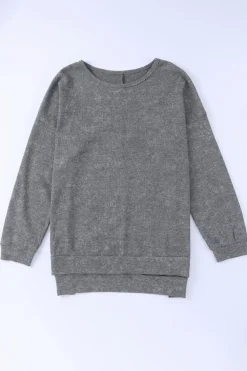 Sale Dear-Lover Waffle Knit Side Slit Pullover Top Gray