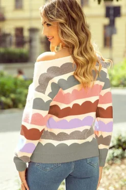 Discount Dear-Lover Wave Striped Balloon Sleeve Drop Shoulder Sweater Gray