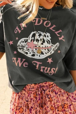 Online Dear-Lover WE TRUST IN DOLLY Western Fashion Graphic Tee Gray