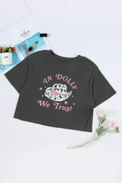 Online Dear-Lover WE TRUST IN DOLLY Western Fashion Graphic Tee Gray