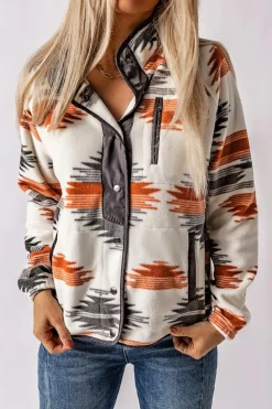 Clearance Dear-Lover Western Aztec Snap Buttoned Fleece Jacket Gray