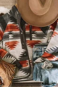 Clearance Dear-Lover Western Aztec Snap Buttoned Fleece Jacket Gray