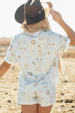 Fashion Dear-Lover Western Fashion Printed T Shirt Elastic Waist Shorts Set Gray