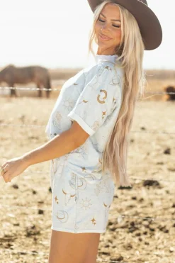 Fashion Dear-Lover Western Fashion Printed T Shirt Elastic Waist Shorts Set Gray