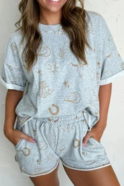 Fashion Dear-Lover Western Fashion Printed T Shirt Elastic Waist Shorts Set Gray