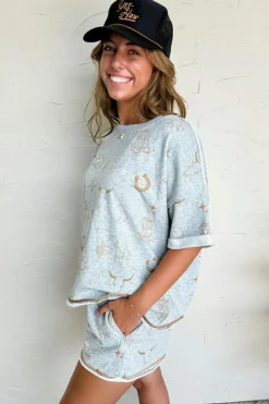Fashion Dear-Lover Western Fashion Printed T Shirt Elastic Waist Shorts Set Gray