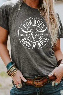 Hot Dear-Lover Western Letter Steer Head Graphic Tee Gray