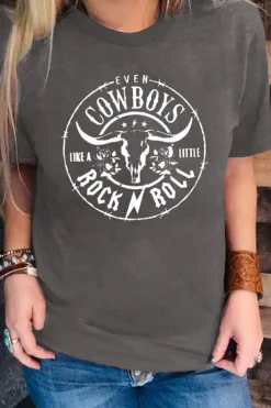 Hot Dear-Lover Western Letter Steer Head Graphic Tee Gray