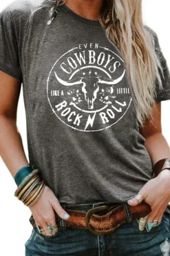 Hot Dear-Lover Western Letter Steer Head Graphic Tee Gray