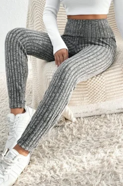 Clearance Dear-Lover Wide Waistband Ribbed Textured Knit Leggings Gray