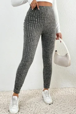Clearance Dear-Lover Wide Waistband Ribbed Textured Knit Leggings Gray