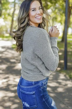 Fashion Dear-Lover Wrap V Neck Waffle Sweater Gray