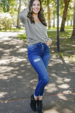 Fashion Dear-Lover Wrap V Neck Waffle Sweater Gray