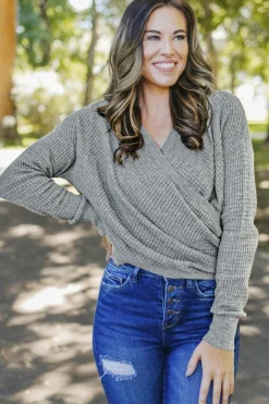 Fashion Dear-Lover Wrap V Neck Waffle Sweater Gray