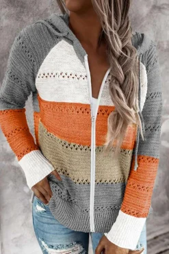 Hot Dear-Lover Zipped Front Colorblock Hollow-out Knit Hoodie Gray