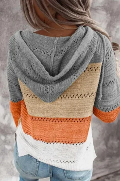 Hot Dear-Lover Zipped Front Colorblock Hollow-out Knit Hoodie Gray