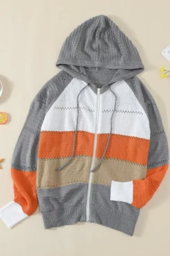 Hot Dear-Lover Zipped Front Colorblock Hollow-out Knit Hoodie Gray