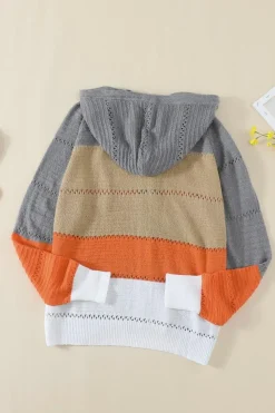 Hot Dear-Lover Zipped Front Colorblock Hollow-out Knit Hoodie Gray