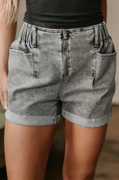 New Dear-Lover Zipped Light Wash Cuffed Edge Denim Shorts Gray
