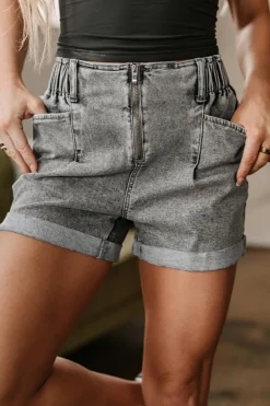 New Dear-Lover Zipped Light Wash Cuffed Edge Denim Shorts Gray