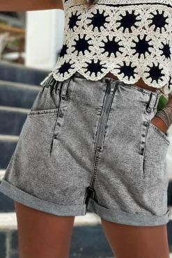 New Dear-Lover Zipped Light Wash Cuffed Edge Denim Shorts Gray