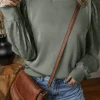 New Dear-Lover Solid Patchwork Sleeve Round Neck Sweatshirt Grayish Green