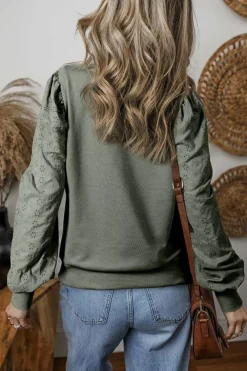 New Dear-Lover Solid Patchwork Sleeve Round Neck Sweatshirt Grayish Green