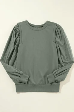 New Dear-Lover Solid Patchwork Sleeve Round Neck Sweatshirt Grayish Green