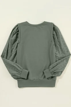 New Dear-Lover Solid Patchwork Sleeve Round Neck Sweatshirt Grayish Green