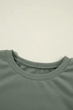 New Dear-Lover Solid Patchwork Sleeve Round Neck Sweatshirt Grayish Green