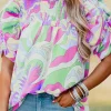 Discount Dear-Lover Abstract Print Bubble Sleeve Smock Detail Blouse Green