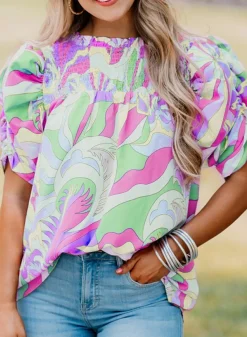 Discount Dear-Lover Abstract Print Bubble Sleeve Smock Detail Blouse Green