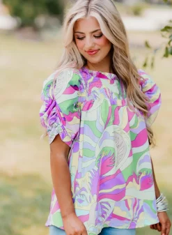 Discount Dear-Lover Abstract Print Bubble Sleeve Smock Detail Blouse Green