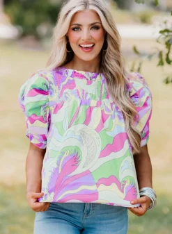 Discount Dear-Lover Abstract Print Bubble Sleeve Smock Detail Blouse Green
