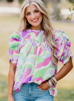 Discount Dear-Lover Abstract Print Bubble Sleeve Smock Detail Blouse Green