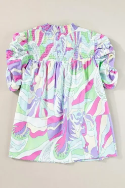Discount Dear-Lover Abstract Print Bubble Sleeve Smock Detail Blouse Green