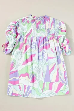 Discount Dear-Lover Abstract Print Bubble Sleeve Smock Detail Blouse Green