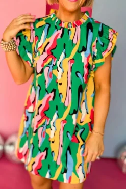 Discount Dear-Lover Abstract Print Frilled Neck Ruffled Sleeve Mini Dress Green