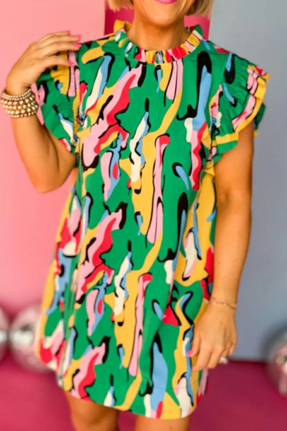 Discount Dear-Lover Abstract Print Frilled Neck Ruffled Sleeve Mini Dress Green