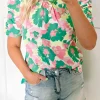 Online Dear-Lover Abstract Print Frilly Neck Ruched Short Sleeve Blouse Green
