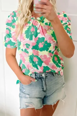 Online Dear-Lover Abstract Print Frilly Neck Ruched Short Sleeve Blouse Green