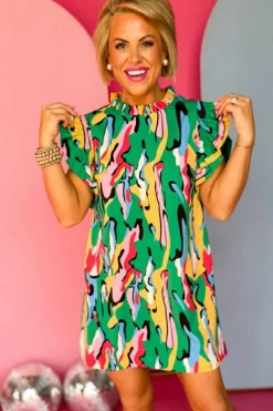 Discount Dear-Lover Abstract Print Frilled Neck Ruffled Sleeve Mini Dress Green