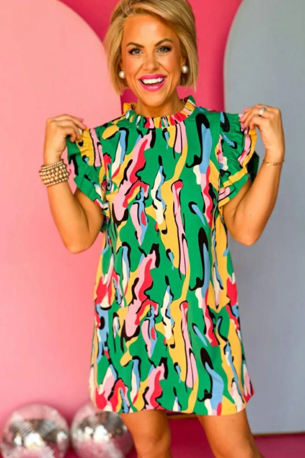 Discount Dear-Lover Abstract Print Frilled Neck Ruffled Sleeve Mini Dress Green