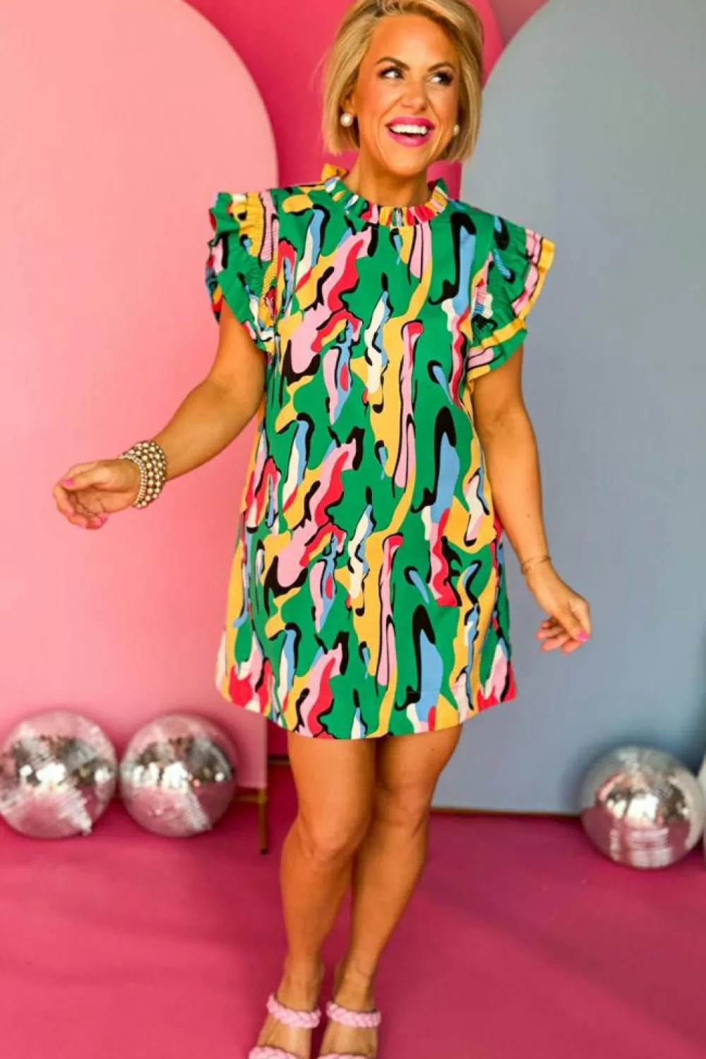Discount Dear-Lover Abstract Print Frilled Neck Ruffled Sleeve Mini Dress Green