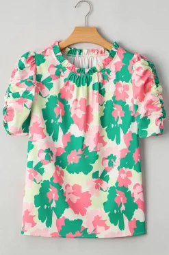 Online Dear-Lover Abstract Print Frilly Neck Ruched Short Sleeve Blouse Green