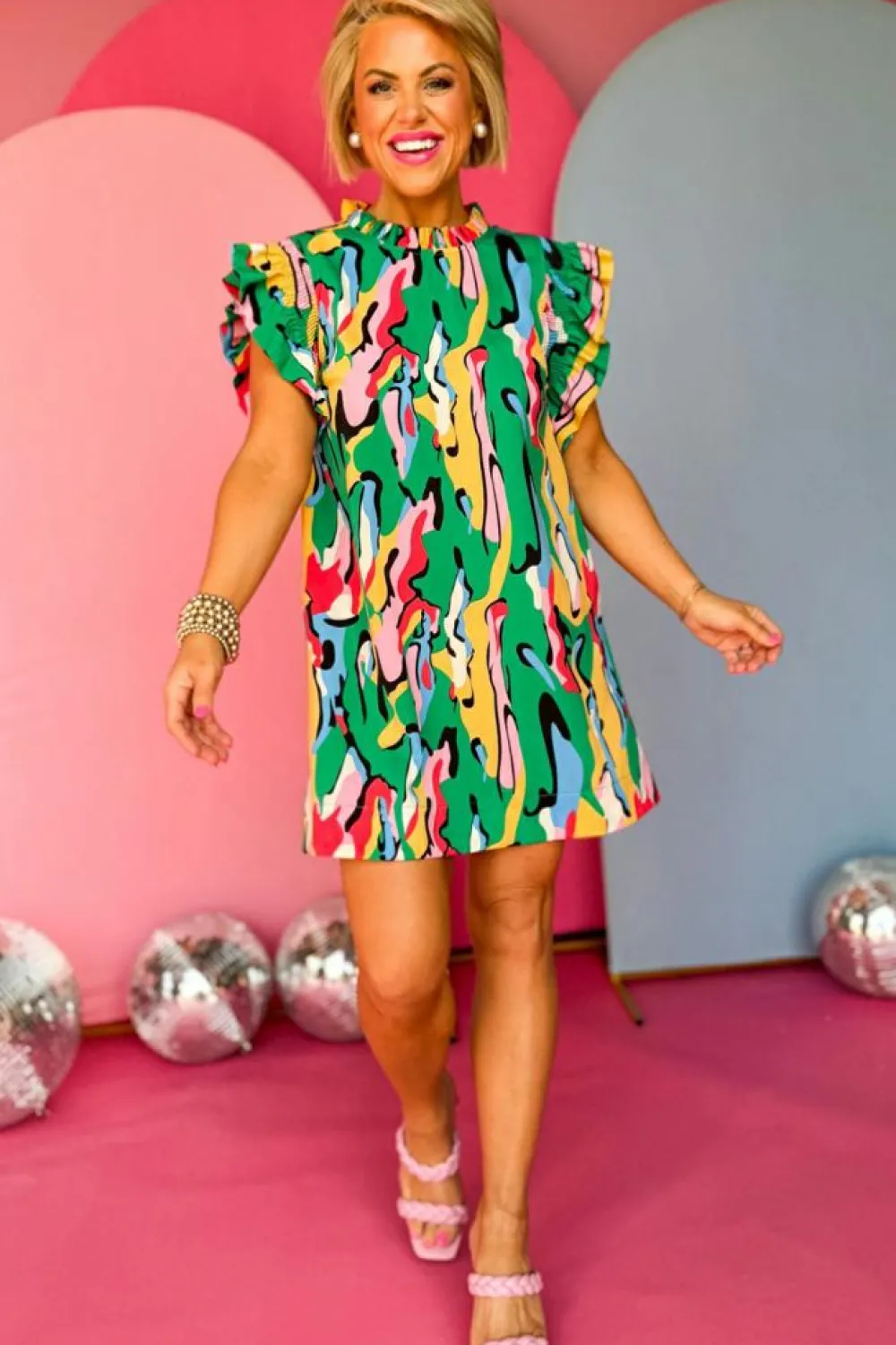 Discount Dear-Lover Abstract Print Frilled Neck Ruffled Sleeve Mini Dress Green