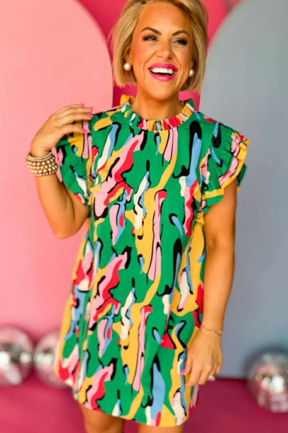 Discount Dear-Lover Abstract Print Frilled Neck Ruffled Sleeve Mini Dress Green
