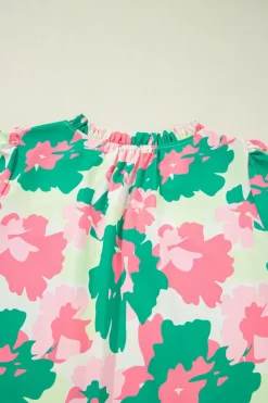 Online Dear-Lover Abstract Print Frilly Neck Ruched Short Sleeve Blouse Green