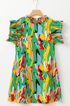 Discount Dear-Lover Abstract Print Frilled Neck Ruffled Sleeve Mini Dress Green