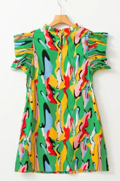 Discount Dear-Lover Abstract Print Frilled Neck Ruffled Sleeve Mini Dress Green